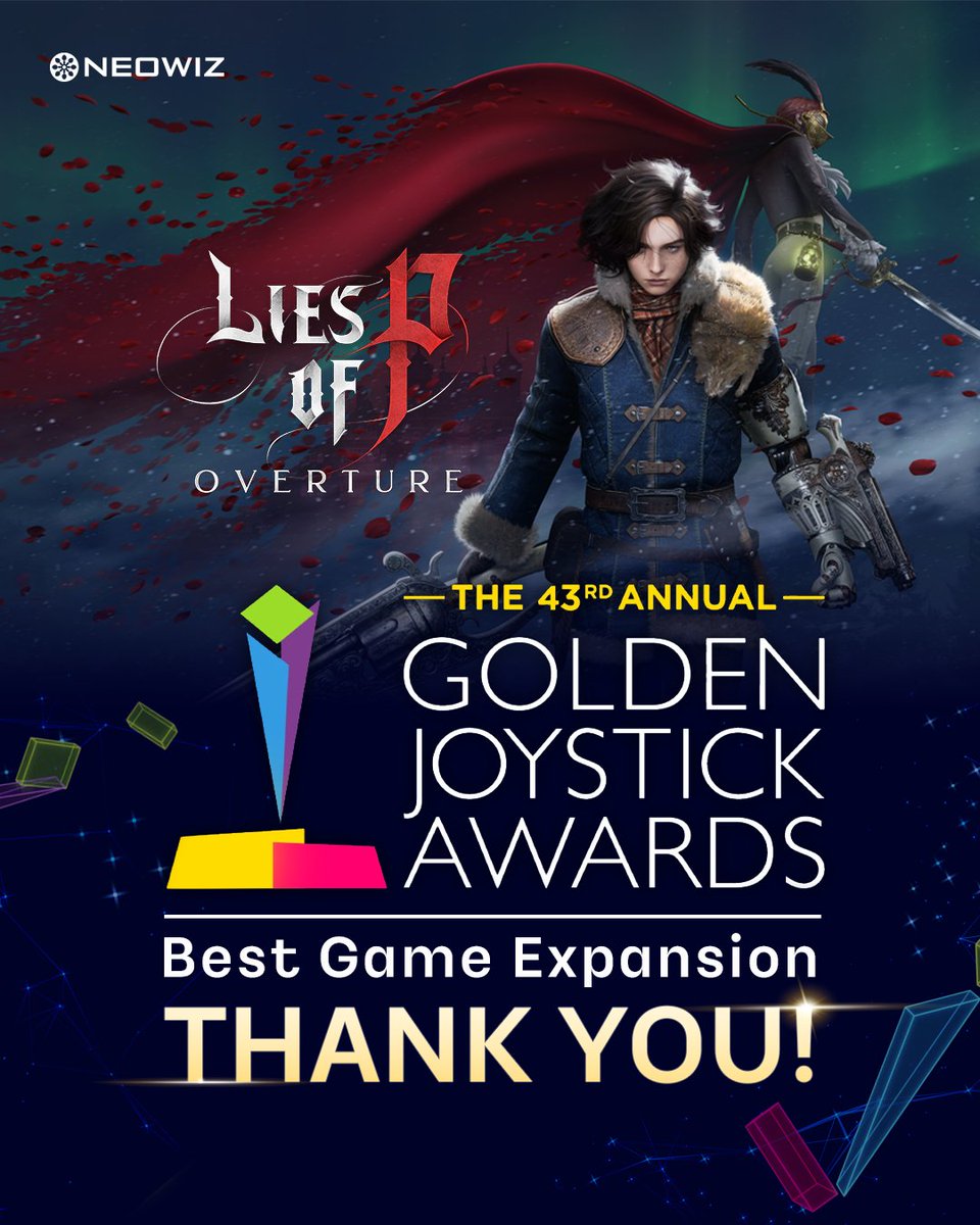 NEOWIZ_KR's tweet photo. 2025 Golden Joystick Awards
한국 콘솔 게임 최초 수상! 🏆

2025 골든 조이스틱 어워드에서
《P의 거짓 : 서곡》이
‘최고의 게임 확장팩(Best Game Expansion)’ 부문을 수상했습니다.

이번 수상은 단순 DLC를 넘어
높은 완성도와 작품성이 인정받은 의미 있는 순간입니다.

무엇보다도, 크라트 시민 여러분의
뜨거운 응원과 사랑이 이 상을 가능하게 했습니다.

진심으로 감사드립니다.

#LiesofP #LiesOfPOverture #NEOWIZ 
@Liesofp #GoldenJoystickAwards