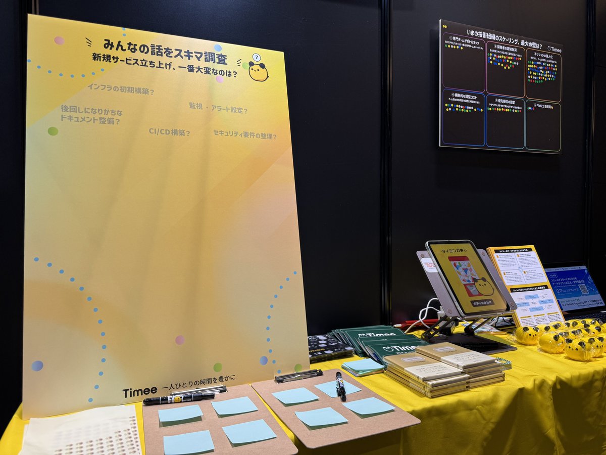 TimeeDev's tweet image. おはようございます₍ ՞•⩊•՞ ₎ 
#アーキテクチャcon_findy Day2！
本日もスキマ調査アンケートを用意しております📝
お答えいただきますとノベルティの抽選が行えるガチャやホログラムシールをお渡ししておりますので、スタンプラリーを集めついでに是非タイミーブースにお越しください