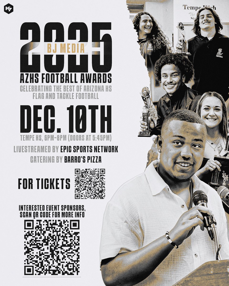 The 2025 BJ Media Awards Ceremony is set for Dec. 10th in the Tempe HS Cafeteria!

To access the <a href="/Mason_Byers5/">Mason Byers</a> award finalists press release, the fan voting links, &amp; more: bjmediallc.com/post/2025-bj-m…

The ceremony will once again be live-streamed on <a href="/EpicSportsTV/">Epic Sports Network</a>!

🎨: <a href="/k7arts_az/">konnor m 🇵🇭</a>