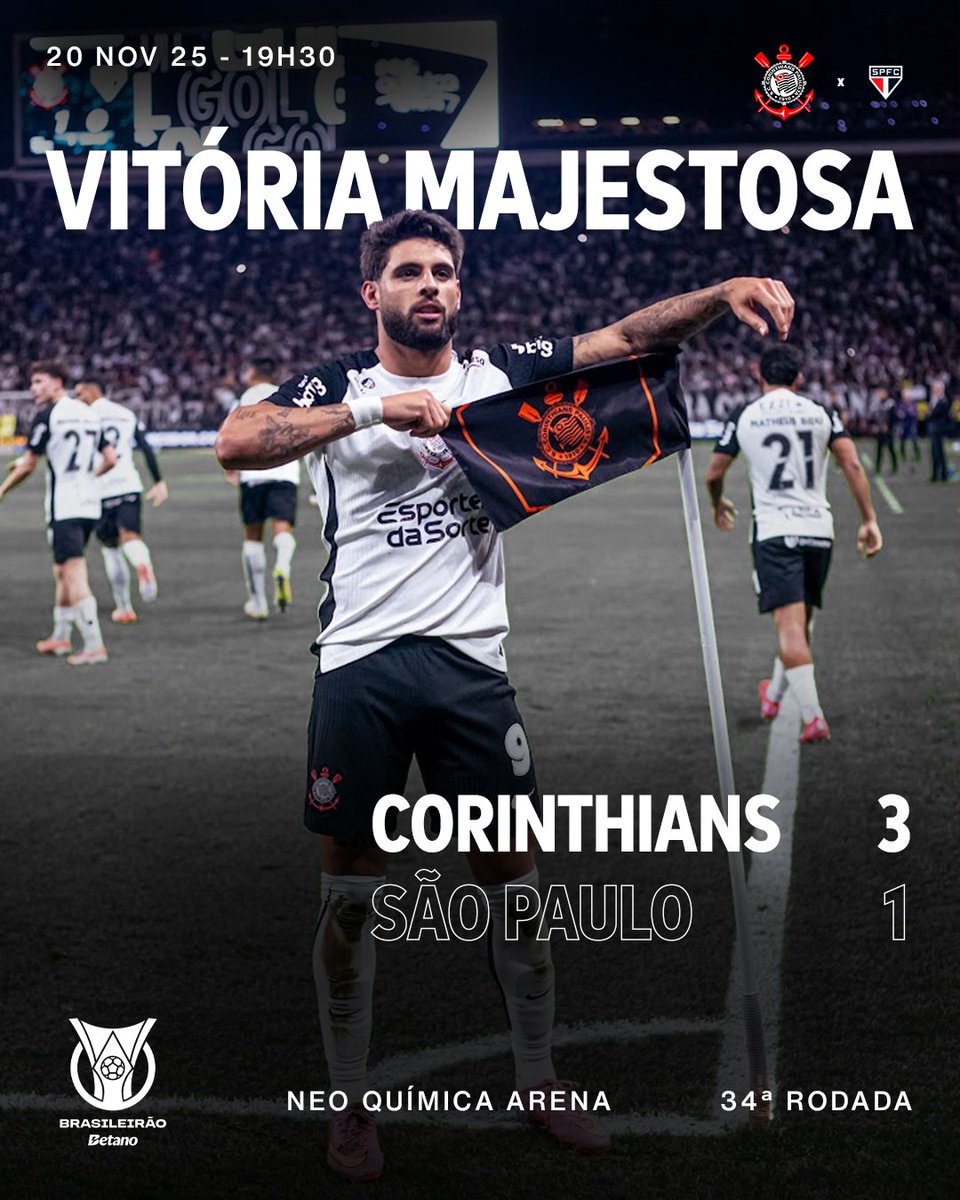 VENCE O SPORT CLUB CORINTHIANS PAULISTA!!! 🏴🏳️🦅

AO LADO DA FIEL, O TIME DO POVO SOMOU ➕3️⃣ NO BRASILEIRÃO NO MAJESTOSO!

Corinthians 3 🆚 1 São Paulo

⚽⚽ Yuri Alberto
⚽ Memphis

#VaiCorinthians