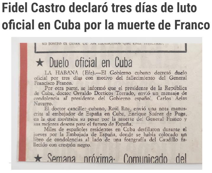 CCivicaCatalana's tweet image. Hace 50 años, numerosos países del mundo enviaron sus condolencias por la muerte de Franco.

Incluso algunos como la Cuba de Fidel Castro decretaron tres días de luto oficial por el fallecimiento en señal de duelo.

Como se entere la Yoli, le da un telele.