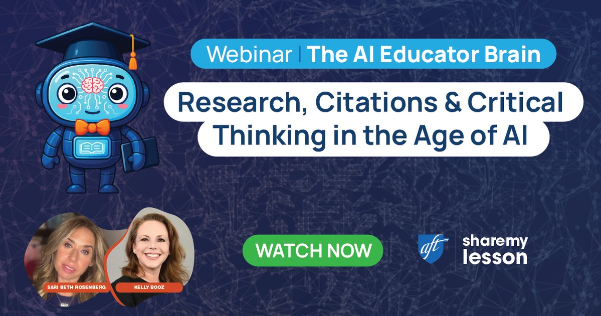 sharemylesson's tweet image. Missed it live? Watch on demand 🎥 Learn how to help students use AI tools responsibly, cite sources, &amp;amp; avoid plagiarism—all while boosting critical thinking!
Watch now: sharemylesson.com/webinars/ai-ed… @AFTunion @AFTteach @saribethrose @kellycbooz