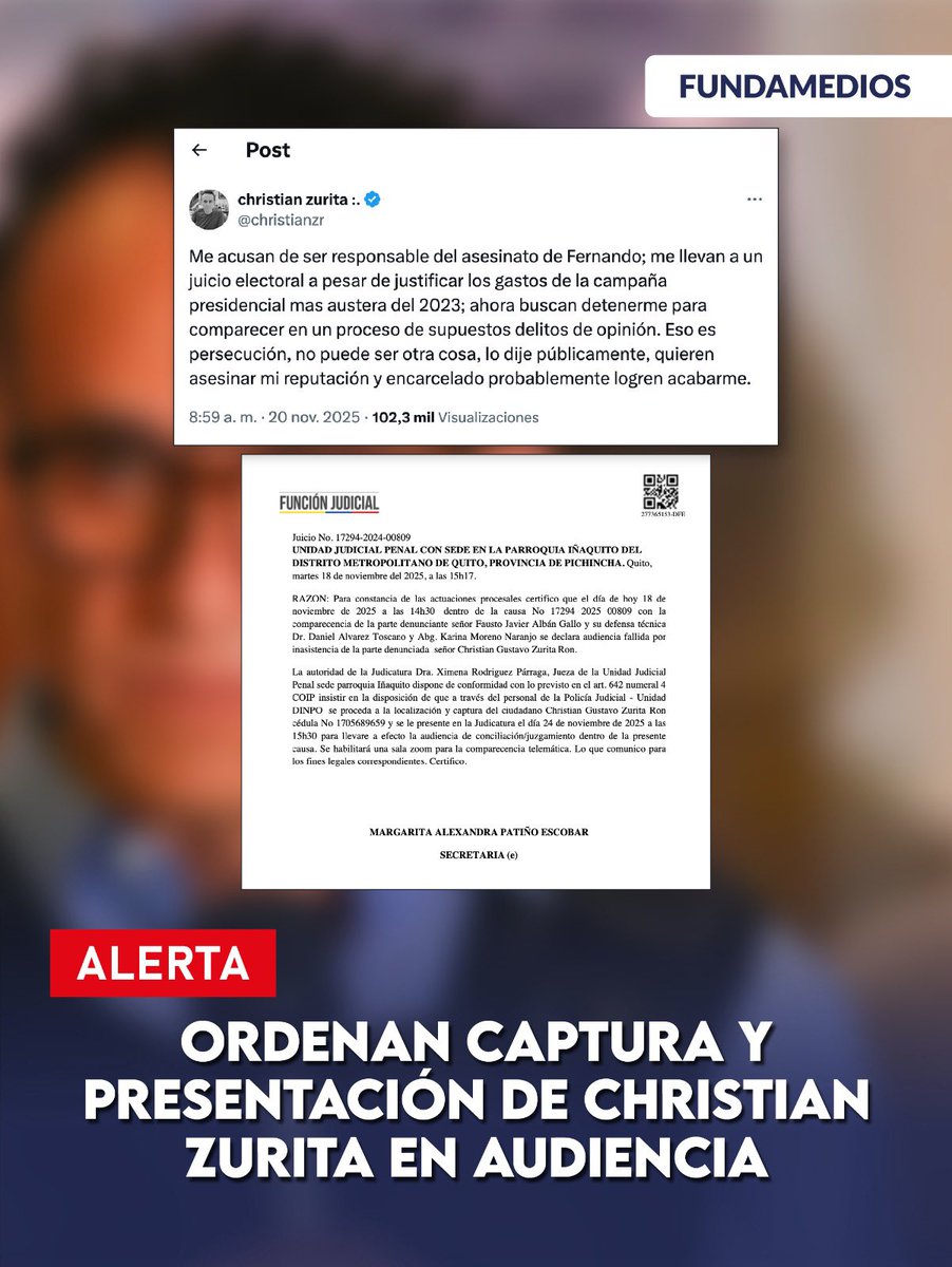 FUNDAMEDIOS's tweet image. 🚨 #ALERTA | Fundamedios alerta sobre la orden de captura emitida contra el periodista Christian Zurita en un proceso por contravención impulsado por la familia Topic. 

El uso de medidas penales para procesar expresiones de interés público vulnera la libertad de expresión y…