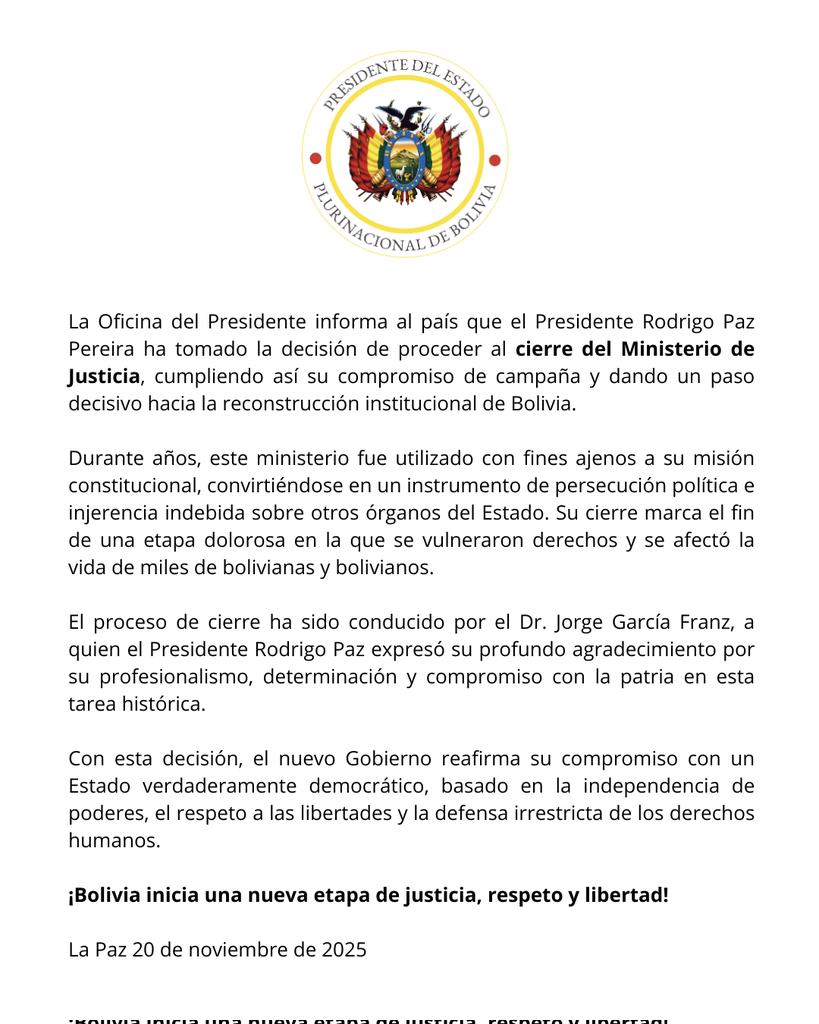 Oficina del Presidente Rodrigo Paz Pereira (@ofiprebo) on Twitter photo 