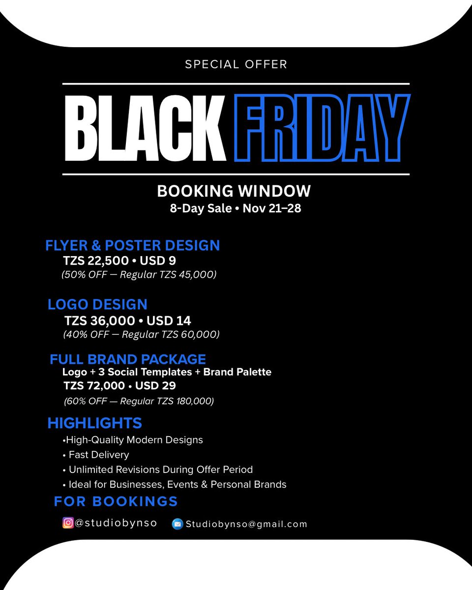 studiobynso's tweet image. black friday design week is live 

special prices on flyers, posters, logos &amp;amp; full brand packages.

booking valid only within these dates. nov 21–28 
email studiobynso@gmail.com or dm to book.

#studiobynso #blackfriday #designoffer #graphicdesign #branding