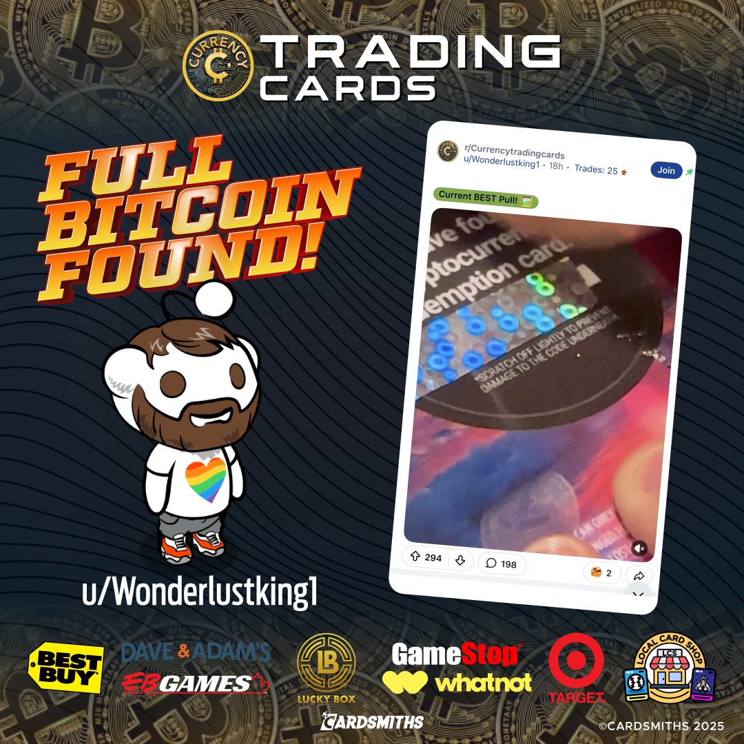 CARDSMITHS_'s tweet image. Congratulations to @Reddit  User #Wonderlustking1 for his find of a FULL ₿ BITCOIN in Currency Trading Cards! Will you be the next to find FULL ₿ BITCOINS in Currency Space or Currency Series 5?  Let&apos;s GOOOOOO!!!

#CurrencyCards   
#Cardsmiths   
#Bitcoin