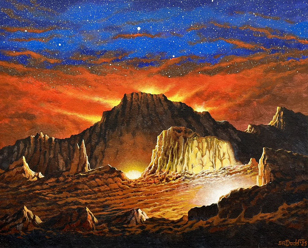 retroscifiart's tweet image. Art by Steve R Dodd ‘Martian Lights’ (2025, acrylics on canvas board)