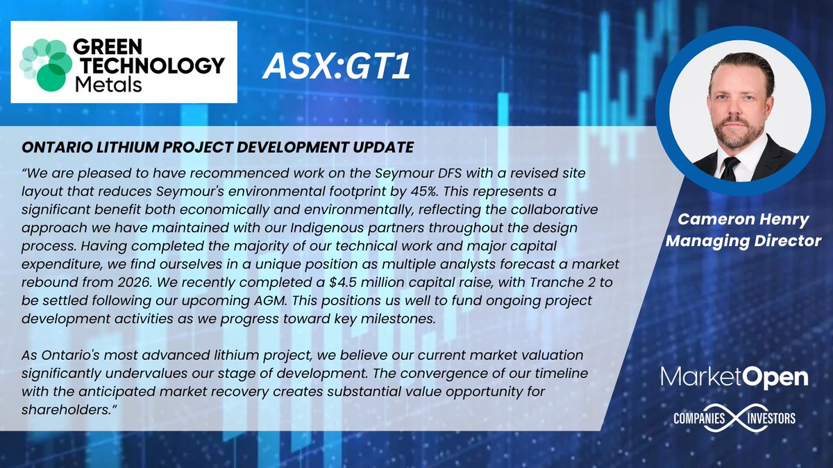 MarketOpenAUS's tweet image. $GT1 Green Technology Metals confirms strong progress across the Seymour and Root projects with a 45 percent reduced footprint and key permitting milestones advancing ahead of an anticipated lithium recovery from 2026.

@GreenTechMetals @Stew_Walters 

#Lithium #GT1 #ASX…