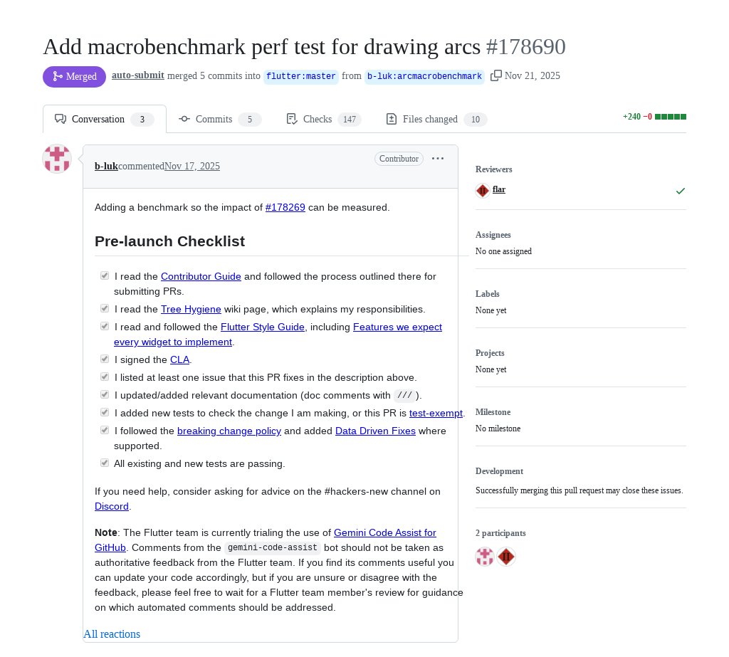 FlutterMerge's tweet image. &quot;Add macrobenchmark perf test for drawing arcs&quot; by b-luk was merged into #Flutter master github.com/flutter/flutte…