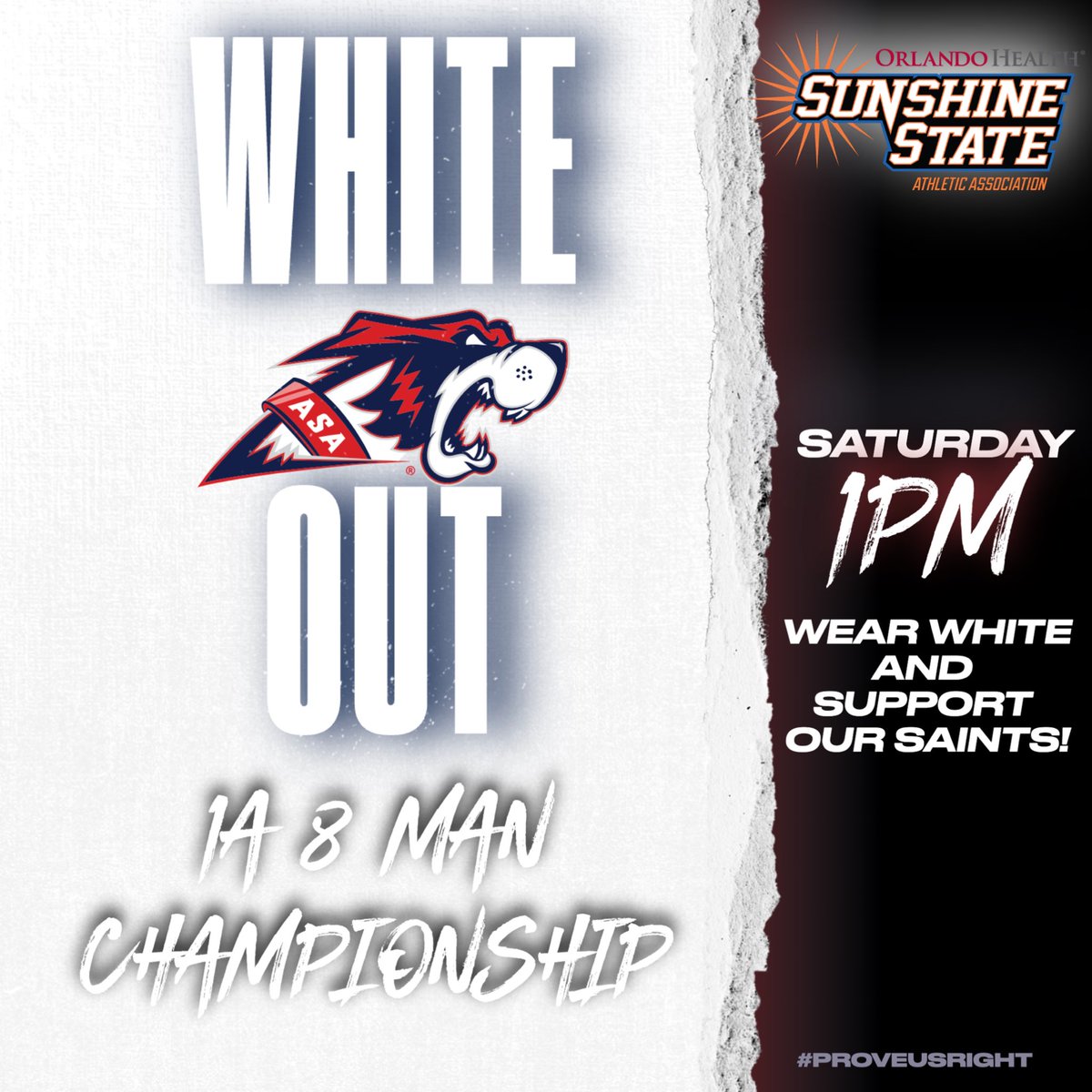 ASASaintsFB's tweet photo. We are hosting the @SSAAFootball 1A 8 man championship game on Saturday at 1pm at @_ASAathletics ! Itβs a WHITE OUT - come support the Saints. Tickets must be purchased on Bound. @FlaHSFootball @CountyPolk @CenFLAPreps @polk_way @theledger @8ManExtreme #proveusright https://t.co/OzMO4V8NbA
