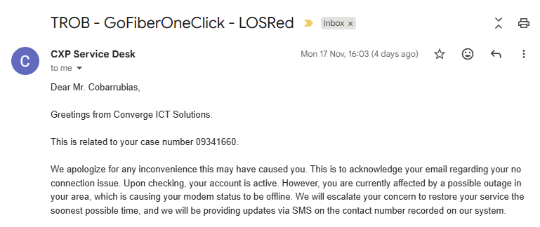 50thElement's tweet photo. @ConvergeSupport One week na kaming walang internet, are there any resolutions being done? Sobrang tagal namang ayusin ng "possible outage" na yan. Will you give us a refund for every day without internet connection?? Please fix this issue ASAP https://t.co/3NMA8KJP3E