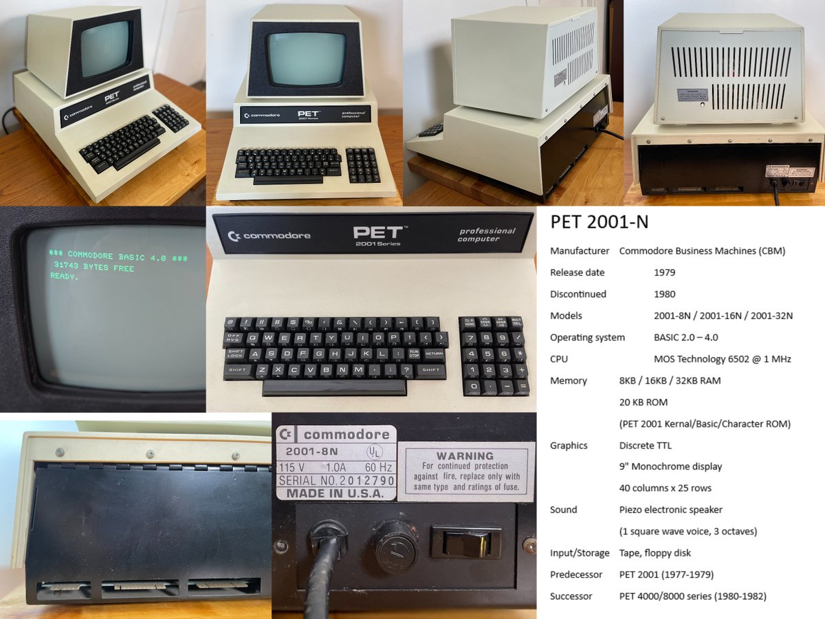 CharlesHawn66's tweet image. No everything is Commodore 8-bit computers. Far left is a Commodore PET 2001-N. Far right is a Commodore C128DCR. Here are their photo collage/data sheet for them. I made them for all my computers, monitors, drives &amp;amp; accessories. let me know if there is another 1 you want to see.