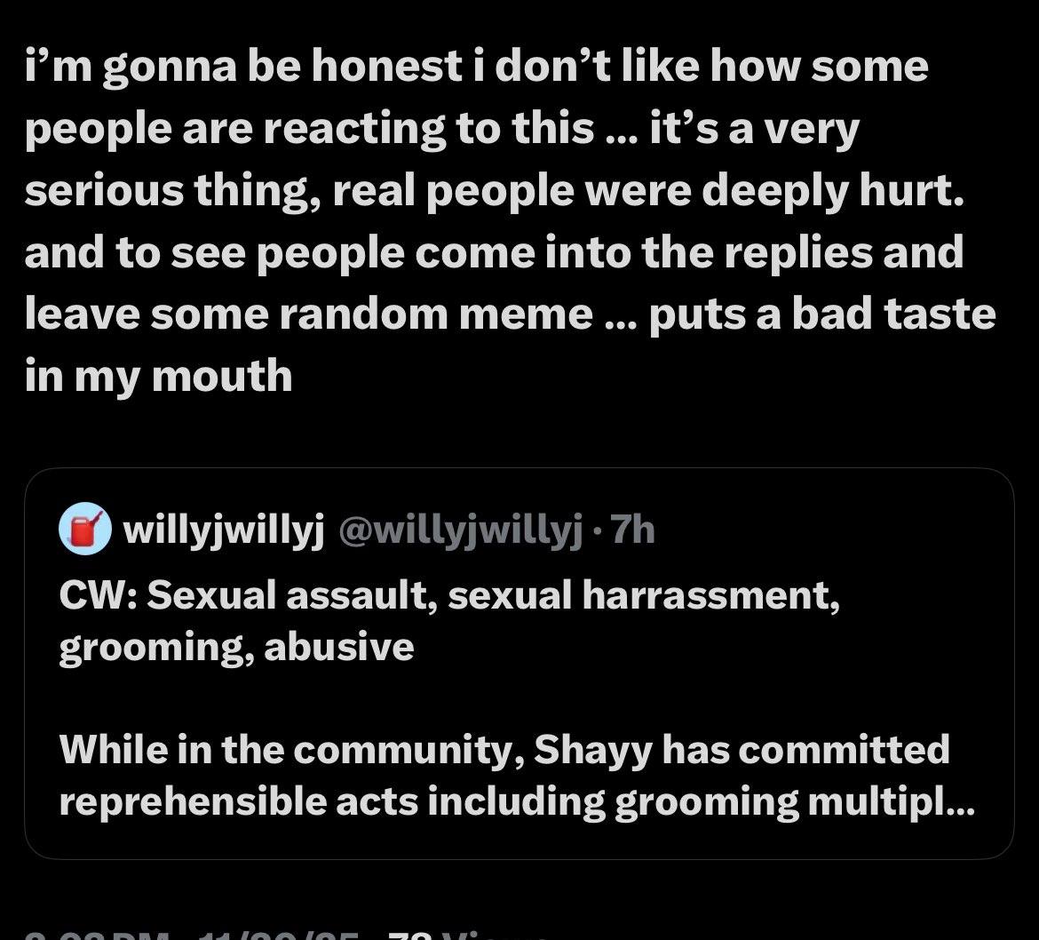 was posted on priv earlier, but because i keep seeing people making jokes about the shit with shayy i wanted to share. can we please be serious for once
