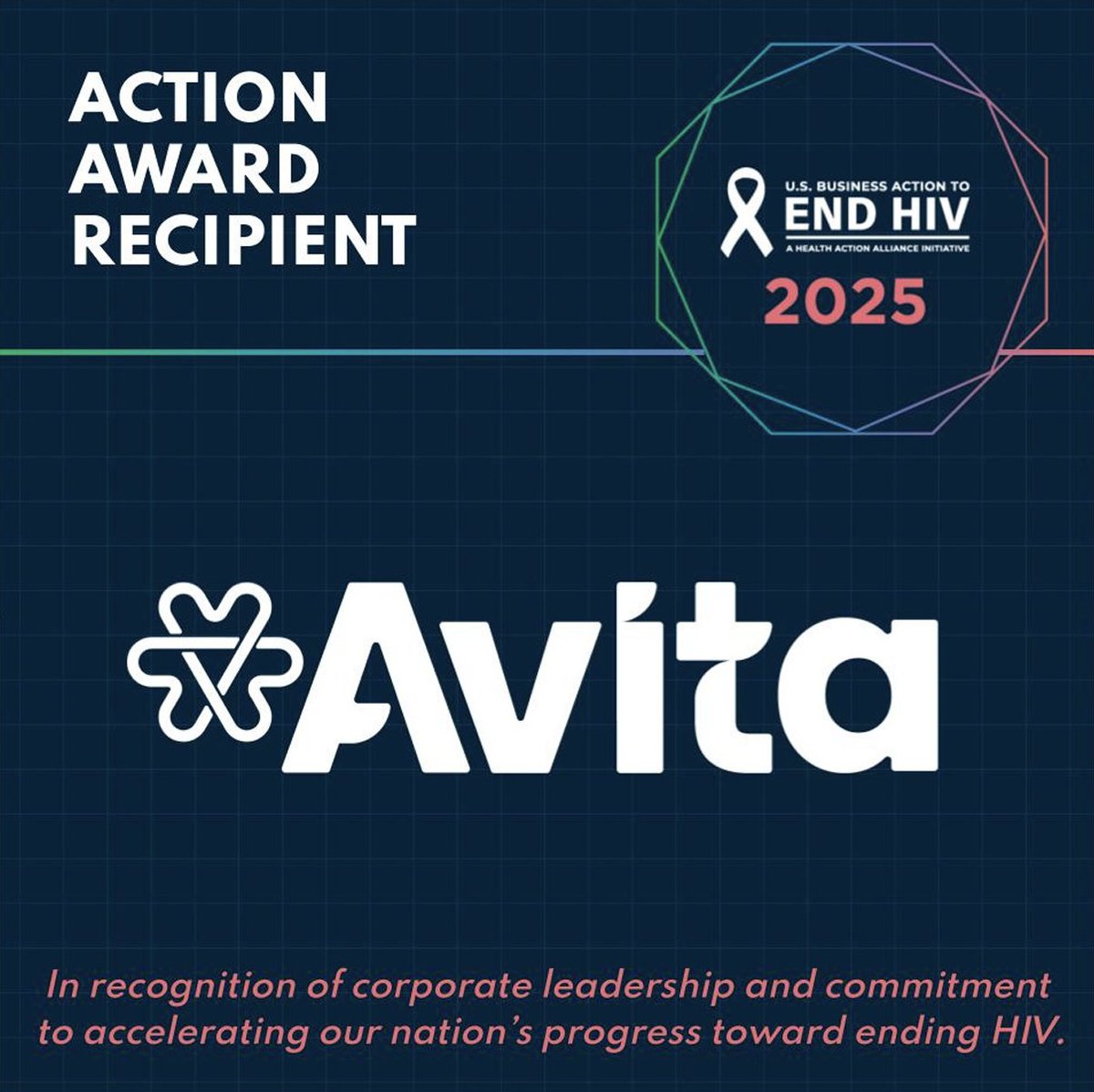 AvitaPharmacy's tweet photo. Such an honor! Avita received the 2025 Action Award at U.S. Business Action to End HIV’s World AIDS Day Reception. We are grateful to collaborate with partners driving the fight to #EndHIV. Learn more at the link in our bio. https://t.co/piVcFzhKHp