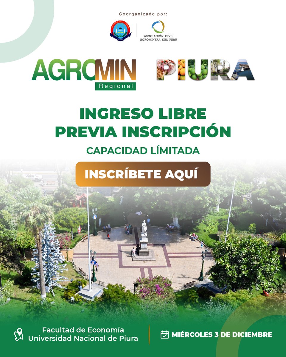 🌱 Amigos Piura será el punto de encuentro del agro y la minería 🌾
Este 3 de diciembre, la Facultad de Economía de la UNP 
✅ Evento gratuito con inscripción previa
La capacidad es limitada
👉 Regístrate aquí: forms.gle/hQJ35ZA4TMezC7…
#AgroMinRegional #Piura #DesarrolloSostenible