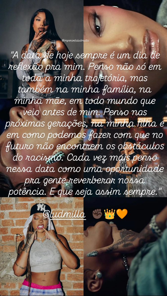 E a data de hoje sempre vai ser um dia de reflexão pra nossa Queen <a href="/Ludmilla/">LUDMILLA</a>, por tudo que ela,sua família,toda sua geração já passaram, vão passar, e aos demais que estão por vir, pois por mais que o mundo evolua, infelizmente sempre haverá o racismo e seus obstáculos. ✊🏿👑