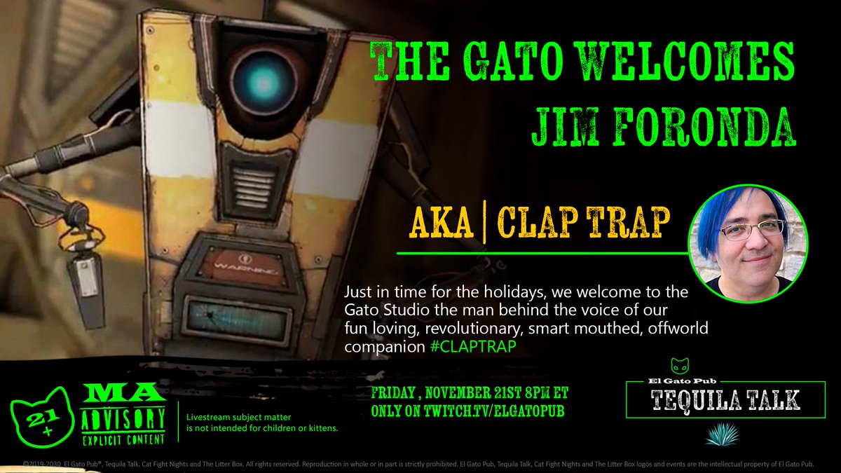 Gato_Pub's tweet photo. Reminder...Set your clocks...tomorrow, starting at 8PM ET we welcome @JimForonda  to the #elgatopub Studio for our 25th episode of #TequilaTalk 

Drop in and say "Hello" to #ClapTrap and maybe win a #borderlands4 #Madrinas Collectors Set! 
•
•
•
#MadrinasCoffee
@Madrinas
@2K https://t.co/WAcoS4G7pv