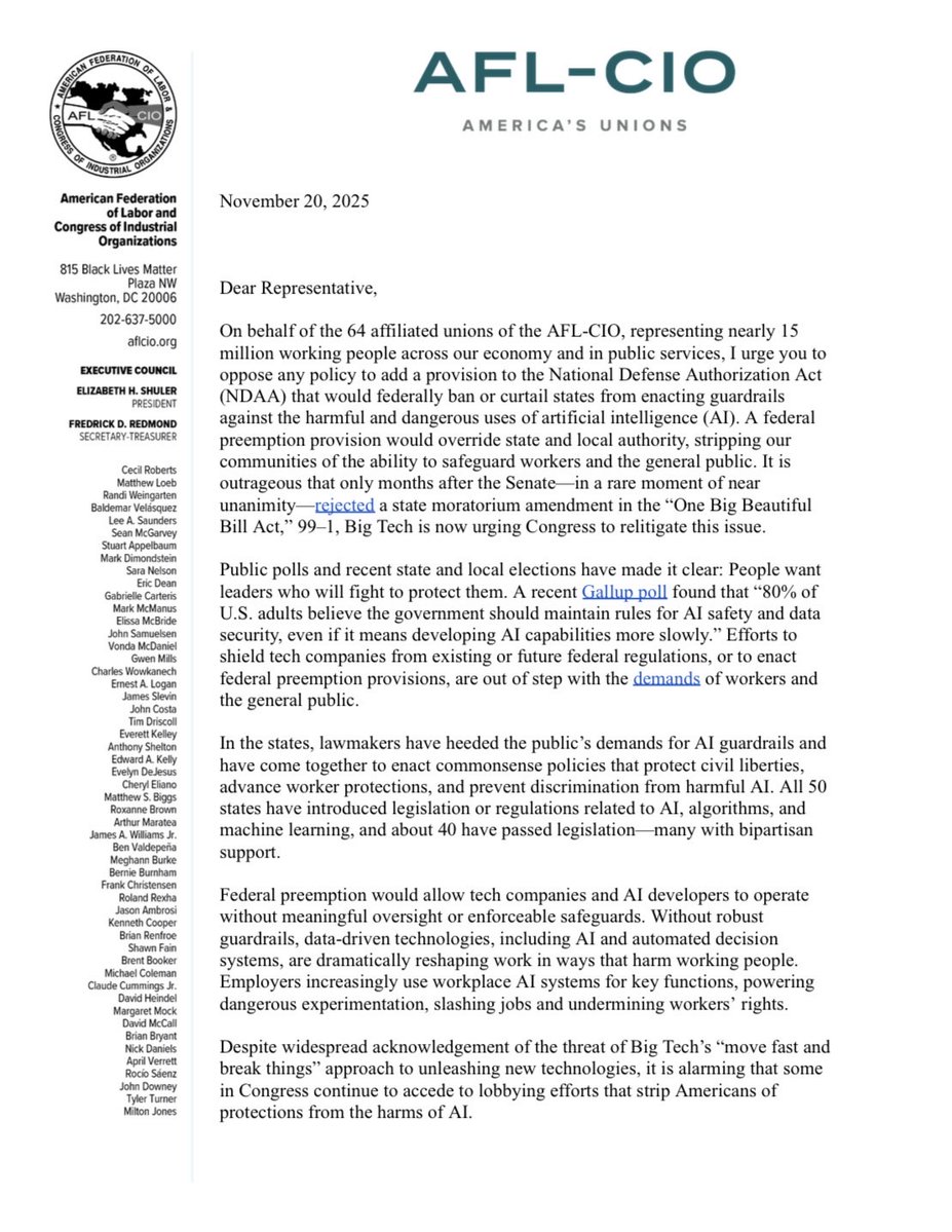 AFLCIO's tweet image. America’s unions urge Congress to oppose any provision in the National Defense Authorization Act that would ban states from enacting AI safety regulations and guardrails. Leaders should work for working people, not Big Tech. aflcio.org/about/advocacy…