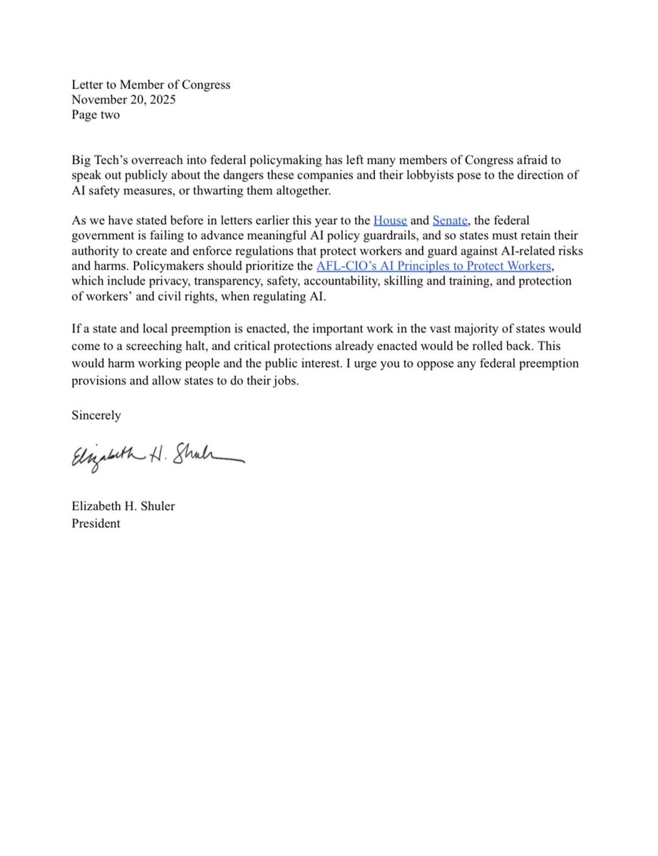 AFLCIO's tweet image. America’s unions urge Congress to oppose any provision in the National Defense Authorization Act that would ban states from enacting AI safety regulations and guardrails. Leaders should work for working people, not Big Tech. aflcio.org/about/advocacy…