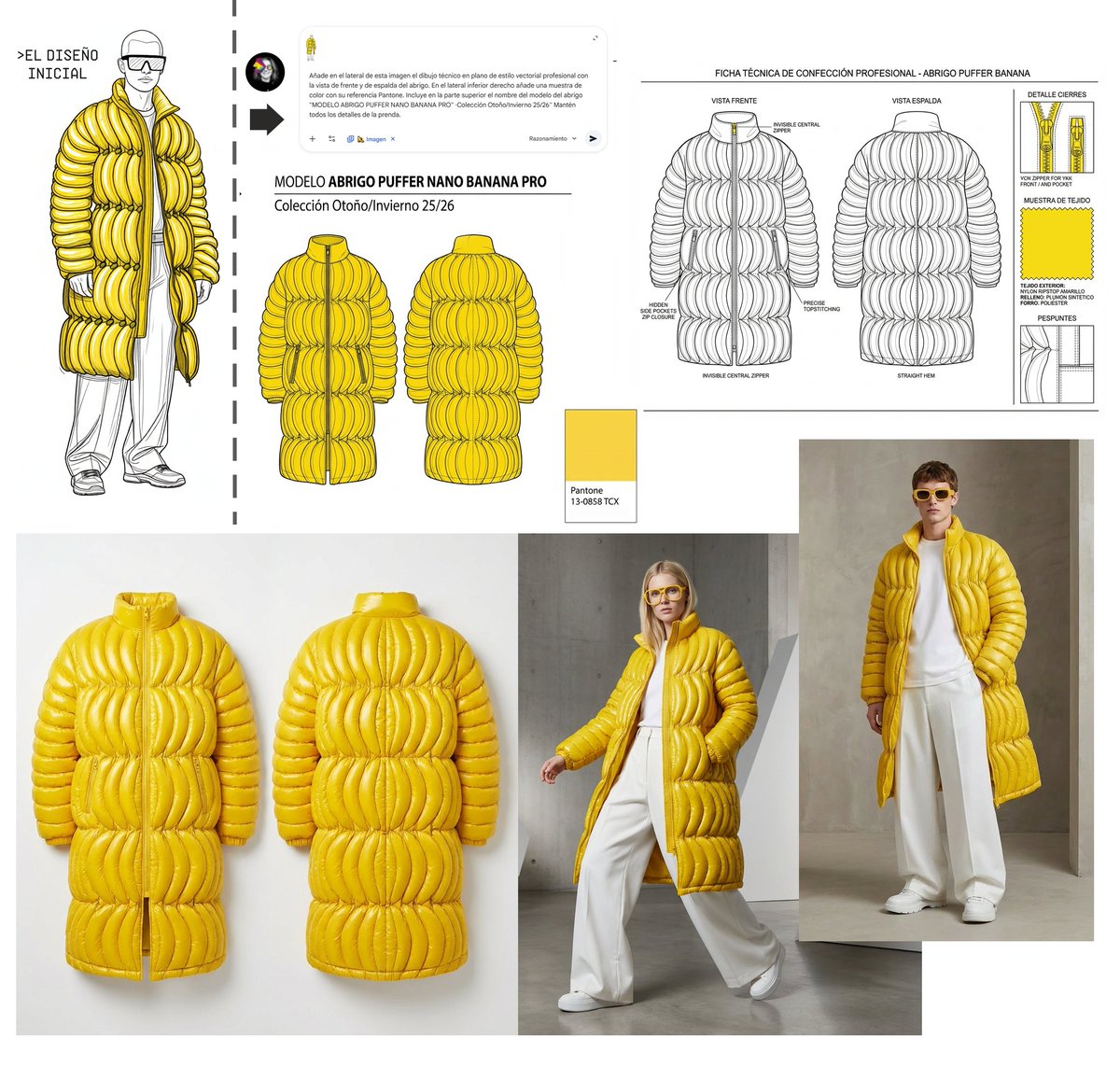 annaomline's tweet image. 🍌Probando #nanobananapro para diseño de moda   del diseño inicial al reportaje de moda.
1 conversión del boceto a  dibujo fashion flat #nanobanana2 añadió automáticamente la referencia correcta PANTONE TCX🤯 
2 ficha técnica para confección, 
3 render realista 
4 fotos de moda