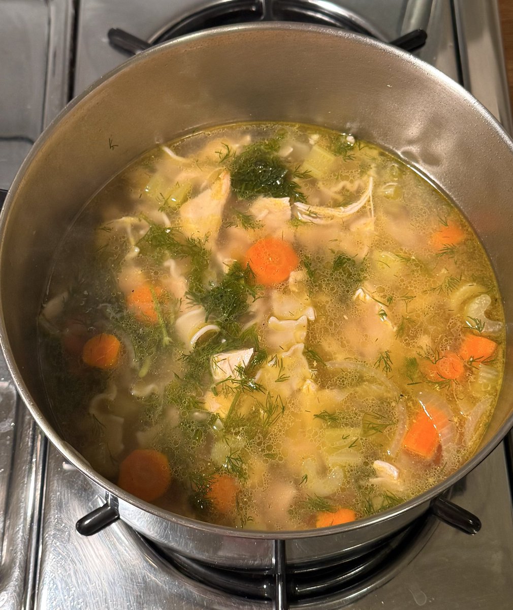 Massive pot of chicken soup using <a href="/coookwithchris/">Cooking with Chris</a> recipe.
Delicious, easy, and nourishing! 🥣✨

3 chicken breast large pieces
8 cups of chicken bone broth
2 cups of water (add more or less depending on how brothy you like it)
4 carrots, sliced
3 celery stalks, sliced
1 yellow