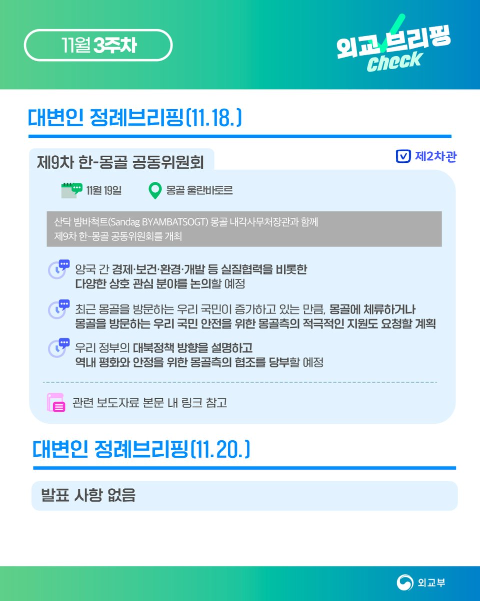 mofa_kr's tweet image. 🎙️11월 3주차_#외교브리핑Check ✔

이번주는 어떤 소식이 있었는지
브리핑 시작하겠습니다!

✅대변인 정례브리핑(11.18.) 보기&amp;gt;
mofa.go.kr/www/brd/m_4078…
- 제2차관 | 제9차 한-몽골 공동위원회 개최
📃보도자료: mofa.go.kr/www/brd/m_4080…

#외교부 #외교브리핑 #check #대변인 #정례브리핑