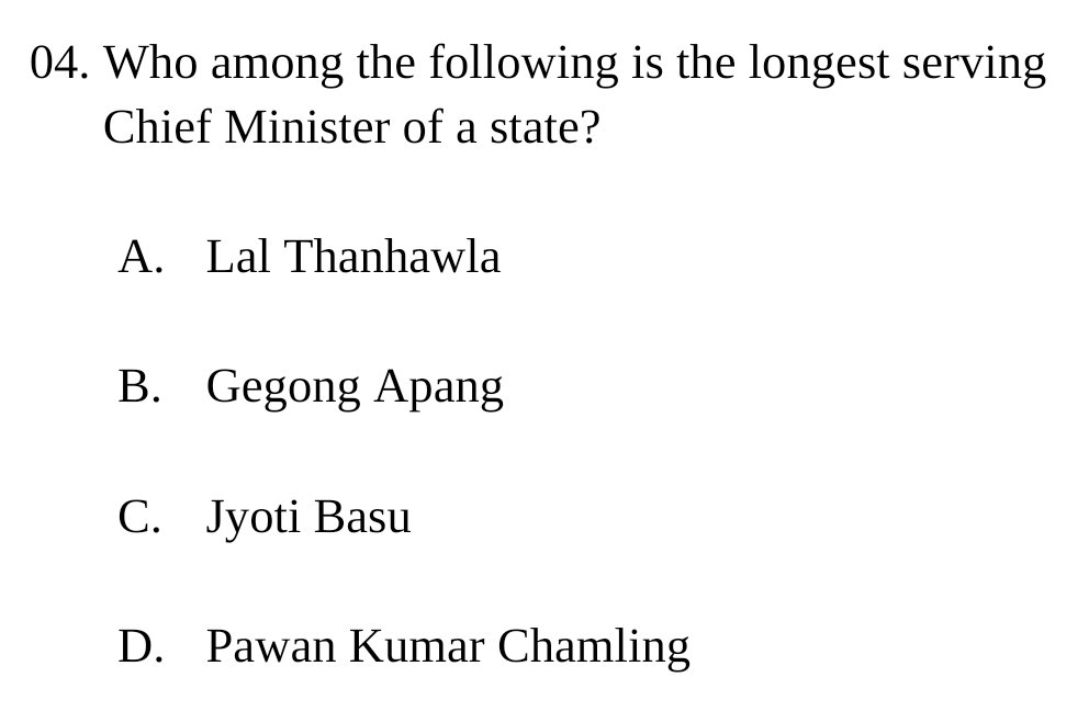 mbtspsc's tweet image. 𝐏𝐎𝐋𝐈𝐓𝐘 𝐏𝐑𝐀𝐂𝐓𝐈𝐂𝐄 𝐐𝐔𝐄𝐒𝐓𝐈𝐎𝐍

Who among the following is the longest serving Chief Minister of a state?

#𝐔𝐏𝐒𝐂 #𝐔𝐏𝐒𝐂𝐏𝐫𝐞𝐥𝐢𝐦𝐬𝟐𝟎𝟐𝟔 #𝐔𝐏𝐒𝐂𝟐𝟎𝟐𝟔 #𝐂𝐀𝐏𝐅 #𝐍𝐃𝐀 #𝐂𝐈𝐒𝐅 #𝐂𝐃𝐒