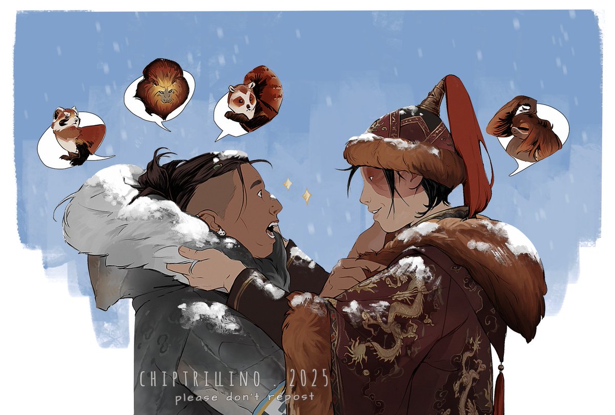 chiptrillino's tweet image. for tumblr's zukkaweek 2025 day 5: Keeping Warm 

i hope i can be forgiven for posting these on a wrong day. or maybe it can still work the days actual prompts?

anyway many fictive animals were hurt for the creation of this image.