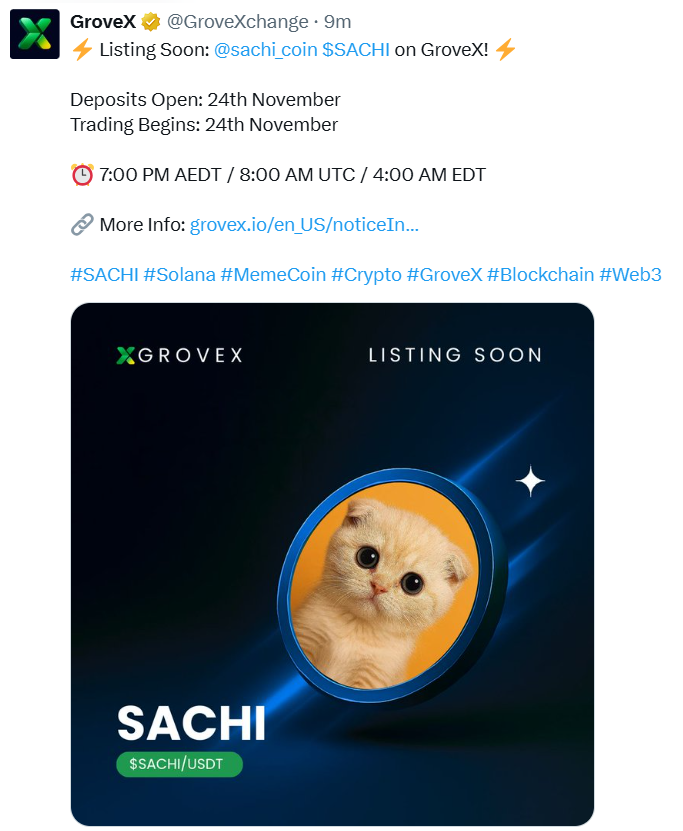 🌍 COMMUNITY UPDATE – GROVEX COLLABORATION 🧡🐾

We’re excited to share that <a href="/GroveXchange/">GroveX</a> , the only Australian exchange listed on both CoinGecko and CoinMarketCap, will now be collaborating with SachiCoin! 🇦🇺✨ 

This partnership is part of our ongoing mission to reach new