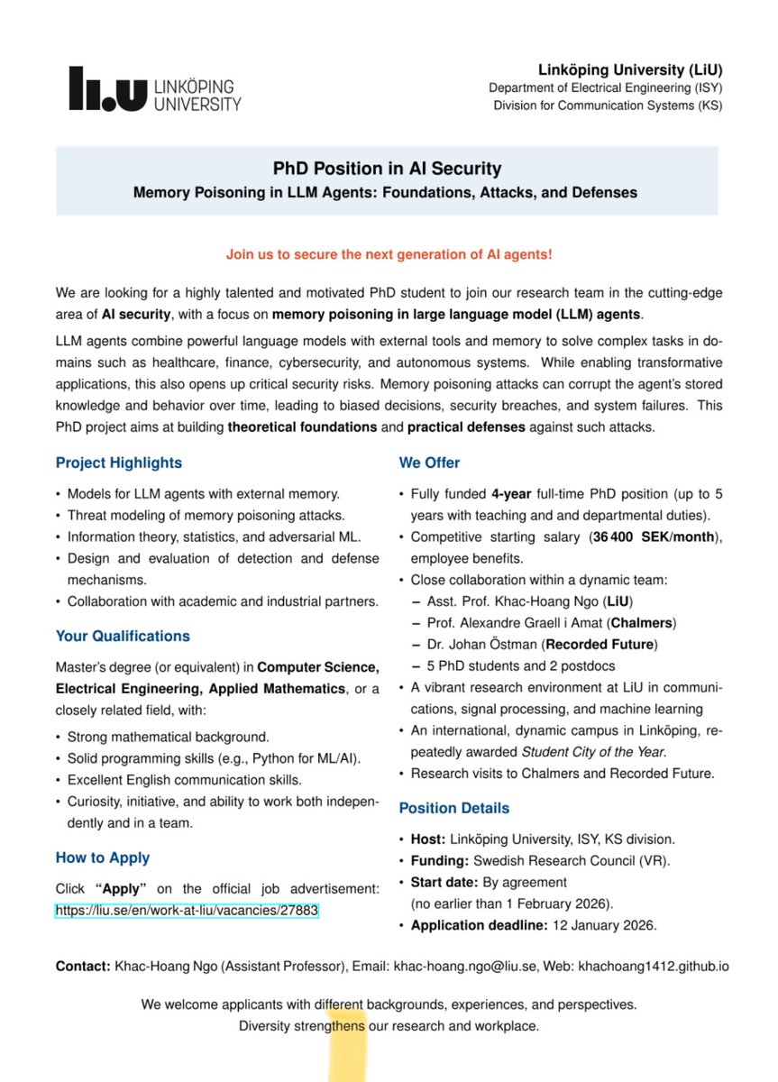 PhD Position in Al Security
Memory Poisoning in LLM Agents: Foundations, Attacks, and Defenses