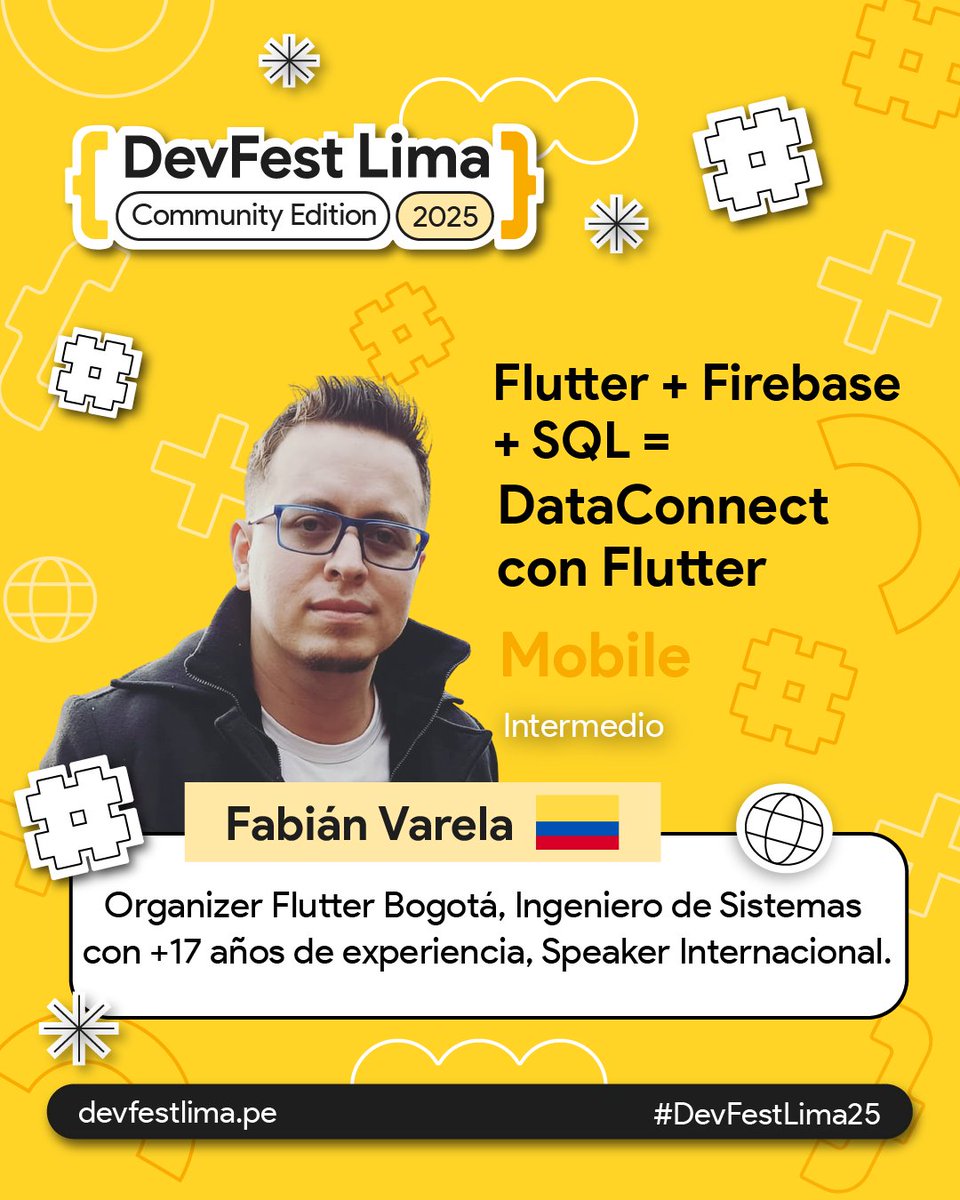 gdglima's tweet image. 🔥 En DevFest Lima 2025 recibimos a Fabián Varela (@fabianvarelab), Organizer de Flutter Bogotá 🇨🇴

🎤 Charla: Flutter + Firebase + SQL = DataConnect con Flutter

📅 29 nov 
🎟️  gdg.community.dev/e/mvceb5/

#DevFest #Flutter #Firebase #Mobile