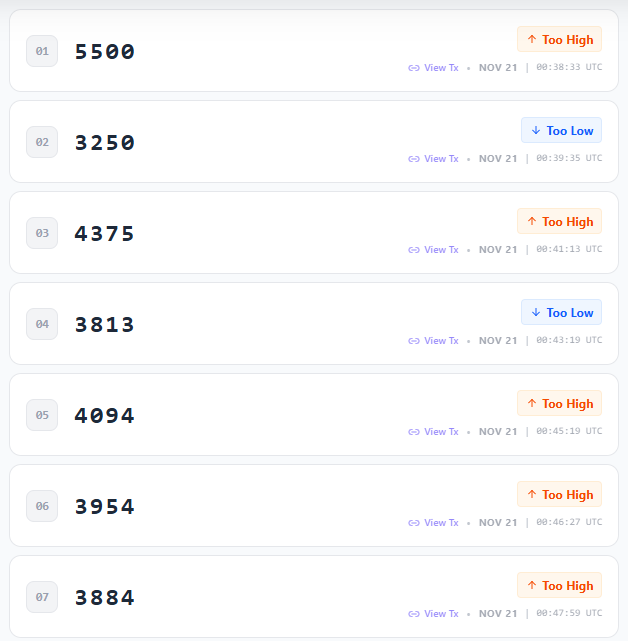 Crypt3keth's tweet image. 🧩 Find The Number — #BlockchainGames

1️⃣ Start in the Middle: Guess 5500 (range 1000–9999).
2️⃣ Cut the Range: Use &quot;Too High&quot; / &quot;Too Low&quot; to halve the range each time.
3️⃣ Next Guess: Always choose the exact middle of the updated range.

👇 Check my method #FindTheNumber #Soneium