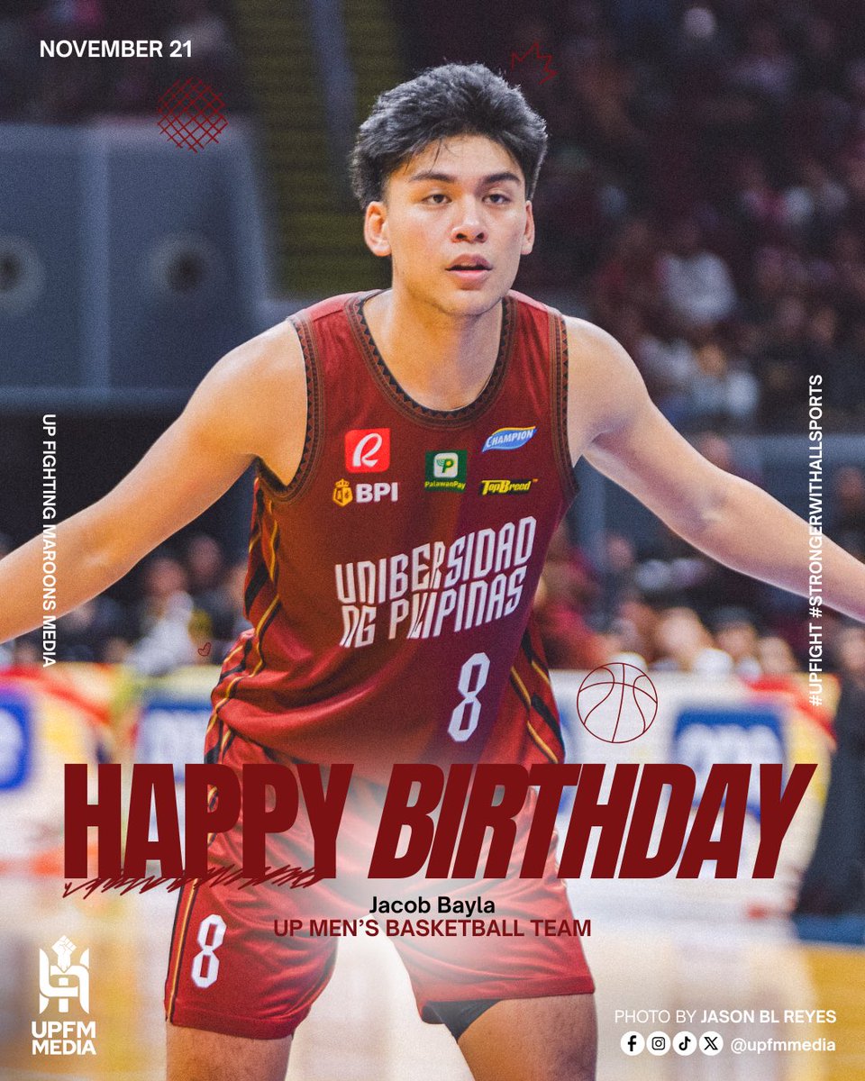 Happy birthday to <a href="/upmbt/">UP Fighting Maroons</a>’s bunso, <a href="/jakebayla/">jacob bayla</a>! 🥳 May your day be as amazing as your defense 🎂🏀

#UPFight✊🏼 #StrongerWithAllSports💪🏼