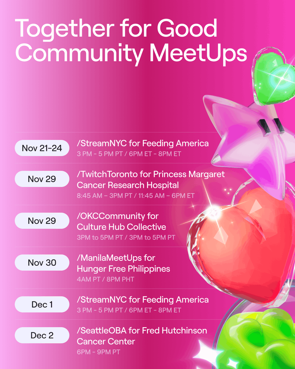 Twitch's tweet image. Celebrate Together for Good with streams for charity by MeetUps Organizers!