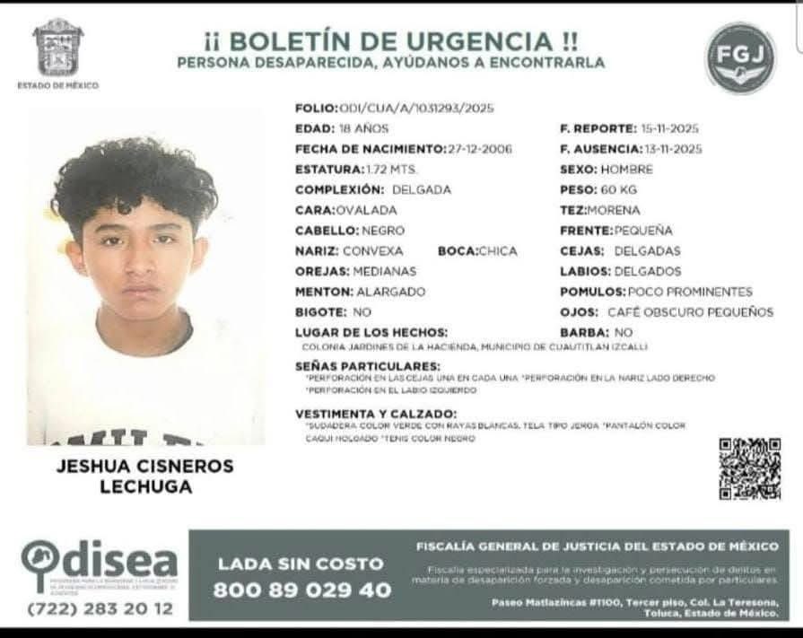 FernandoCruzFr7's tweet image. ‼️CON EMOTIVO VIDEO, PADRES DE ADOLESCENTE DESAPARECIDO PIDEN A LA @FiscaliaEdomex SU LOCALIZACIÓN‼️

Jeshua Cisneros Lechuga despareció el pasado 13 de noviembre en Jardines de la hacienda #Cuautitlan #Izcalli #Edomex.