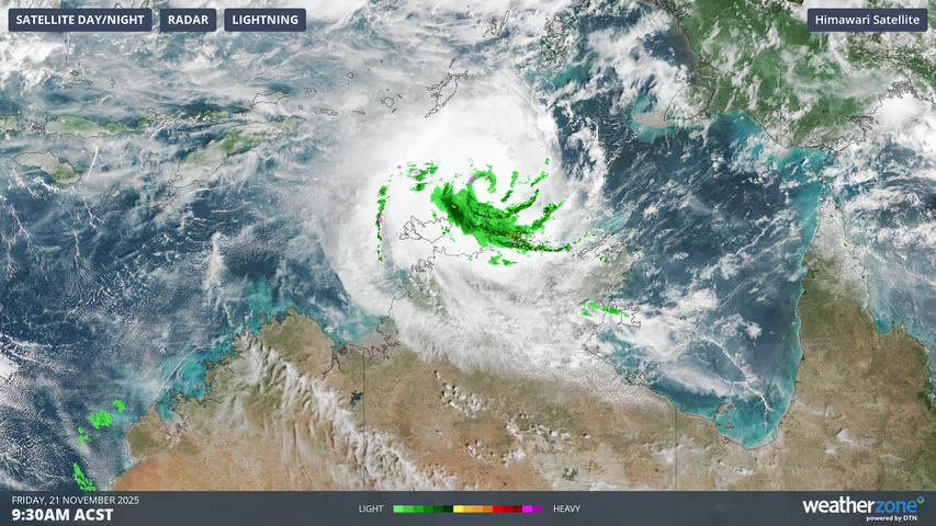 weatherzone's tweet image. Tropical #CycloneFina is set to become the first category 3 cyclone in Australian waters in November since Cyclone Bertie-Alvin in 2005, and it could happen as early as Friday evening.

📷 This image shows cloud and rainfall associated with #TCFina at 9:30am ACST on Friday.