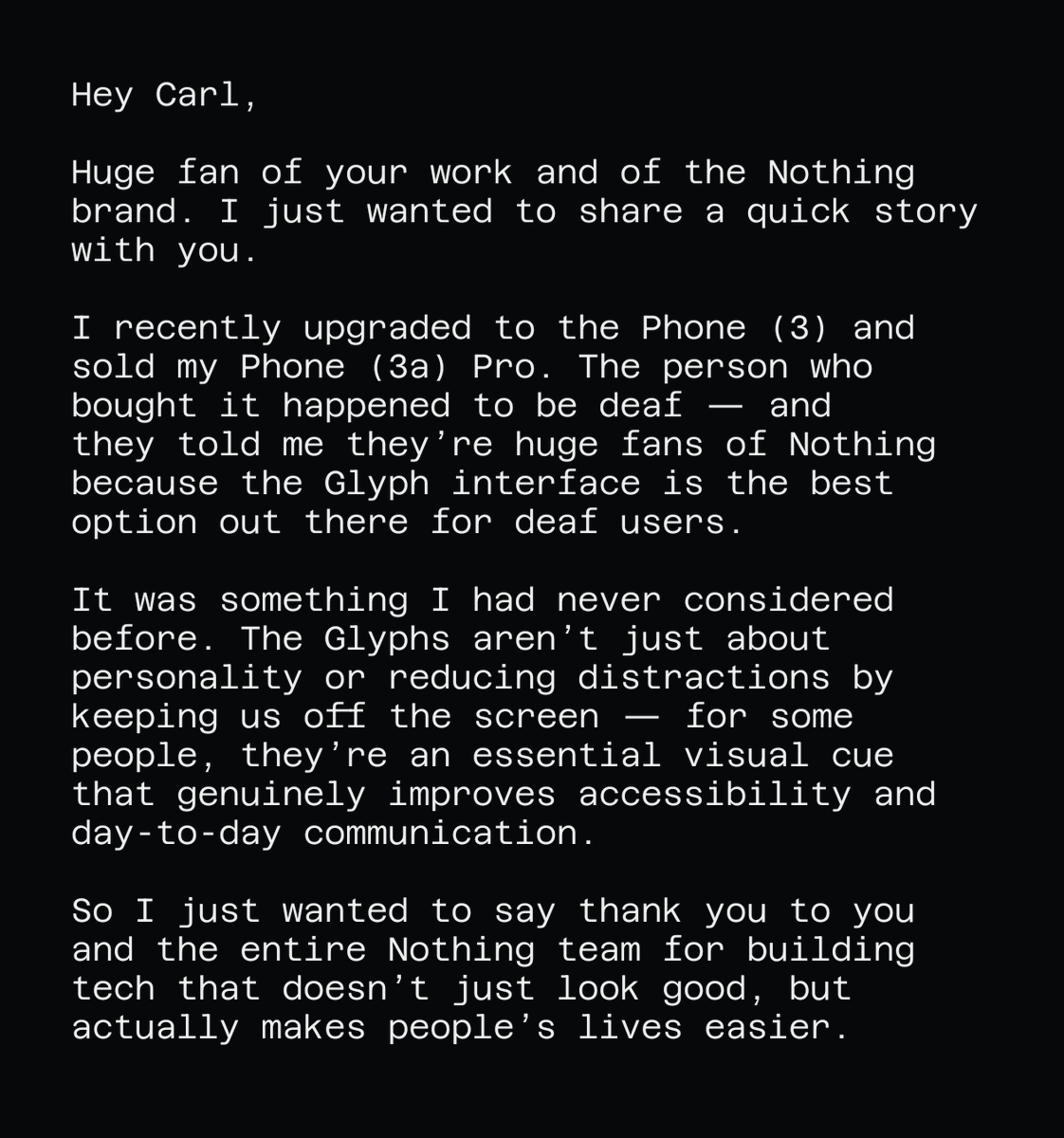 mkeshnnn's tweet photo. @getpeid Good luck with the launch of Nothing OS 4 tomorrow! I wanted to share a feel good story https://t.co/kuSa3ALNNz