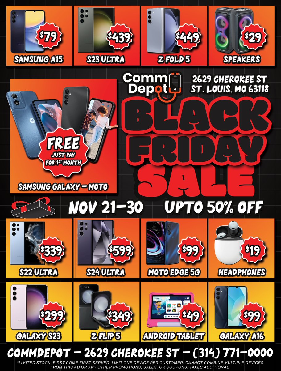 commdepotstl's tweet photo. 🔥🎄 COMMDEPOT BLACK FRIDAY SALE — NOV 21–30! 🎄🔥
Up to 50% OFF — iPhones, Samsungs, Tablets &amp; more! https://t.co/OYLwtA4m4e