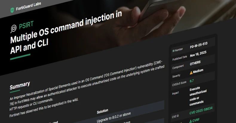 riskigy's tweet image. Fortinet Warns of New FortiWeb CVE-2025-58034 Vulnerability Exploited in the Wild. The medium-severity vulnerability, tracked as CVE-2025-58034, carries a CVSS score of 6.7 out of a maximum of 10.0. thehackernews.com/2025/11/fortin…
