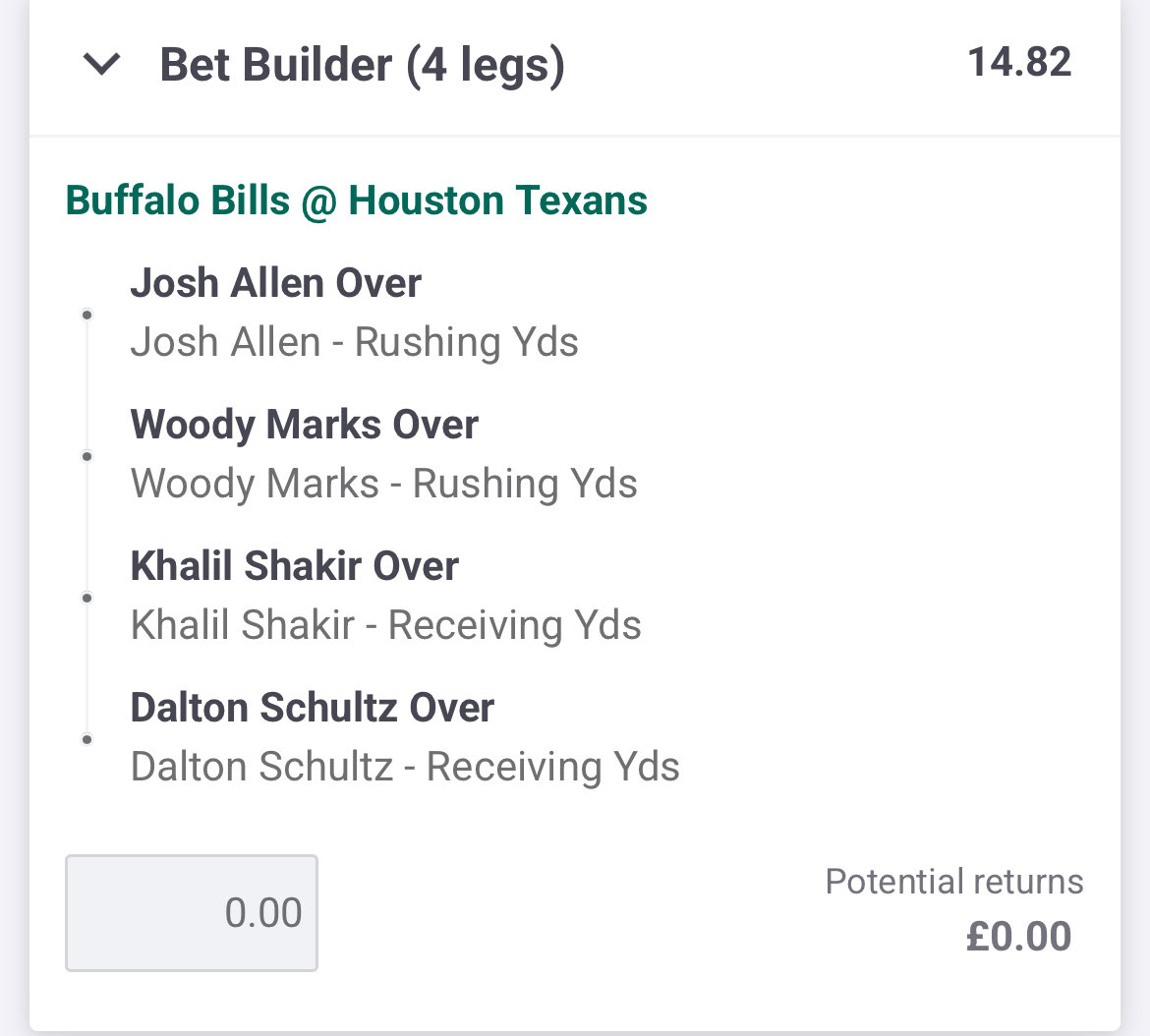 Obz471's tweet photo. Bills @ Texans Parlay 🔒  

- Josh Allen Over Rush Yds 🌶️  
- Woody Marks Over Rush Yds 🔥  
- Khalil Shakir Over Rec Yds 🏃‍♂️  
- Dalton Schultz Over Rec Yds 💰  
@Playbook FD
14.82x 💥 https://t.co/twTgmvZjTG