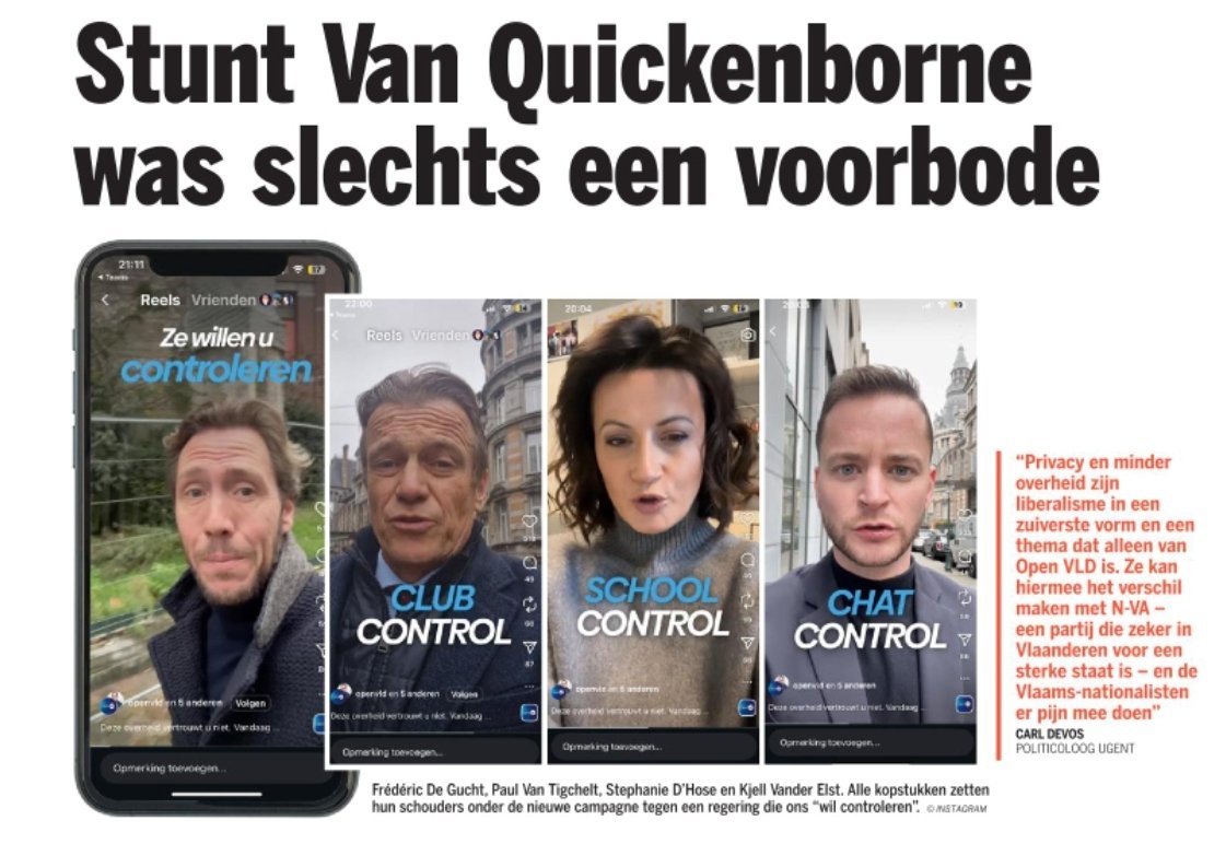 Bende onozelaars.

Kankeren over 'uW pRiVaCy' terwijl diezelfde liberalen tijdens de coronalockdown kliklijnen, drones, coronapaspoorten, avondklok... introduceerden. <a href="/stephaniedhose/">Stephanie D'Hose</a> <a href="/PaulVanTigchelt/">Paul Van Tigchelt</a> <a href="/FredericDeGucht/">Frederic De Gucht</a> <a href="/kjellvanderelst/">Kjell Vander Elst</a>