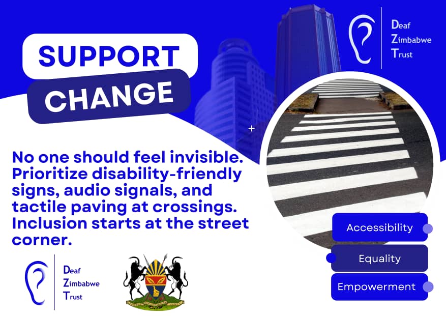 DeafZimTrust's tweet image. SUPPORT CHANGE 

 Let&apos;s make our streets visible to all! Disability-friendly signs, audio signals, and tactile paving are the keys to inclusion. Let&apos;s pave the way for more accessible towns and cities in Zimbabwe! 🇿🇼 #InclusionStartsHere #AccessibilityMatters #VisibleToAll