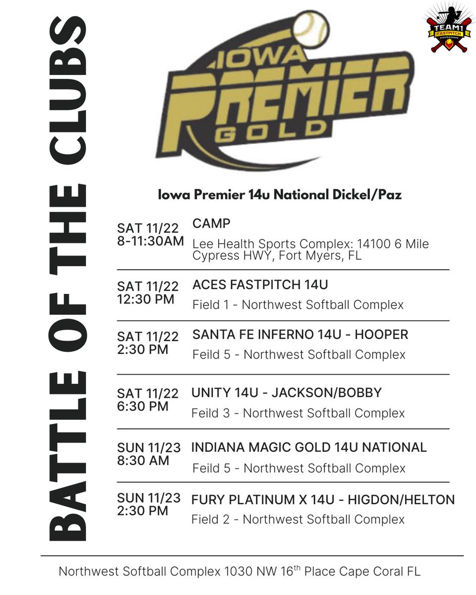 Schedule drop for last tournament in Fort Myers! ☀️🥎
Come out and watch us play!! 
<a href="/OliviaPazIPF/">Olivia Paz</a> <a href="/IowaPremierFP/">Iowa Premier Fastpitch</a> <a href="/Team1_fastpitch/">Team 1 Fastpitch</a> <a href="/PaigeShannonIPF/">Paige Shannon</a>