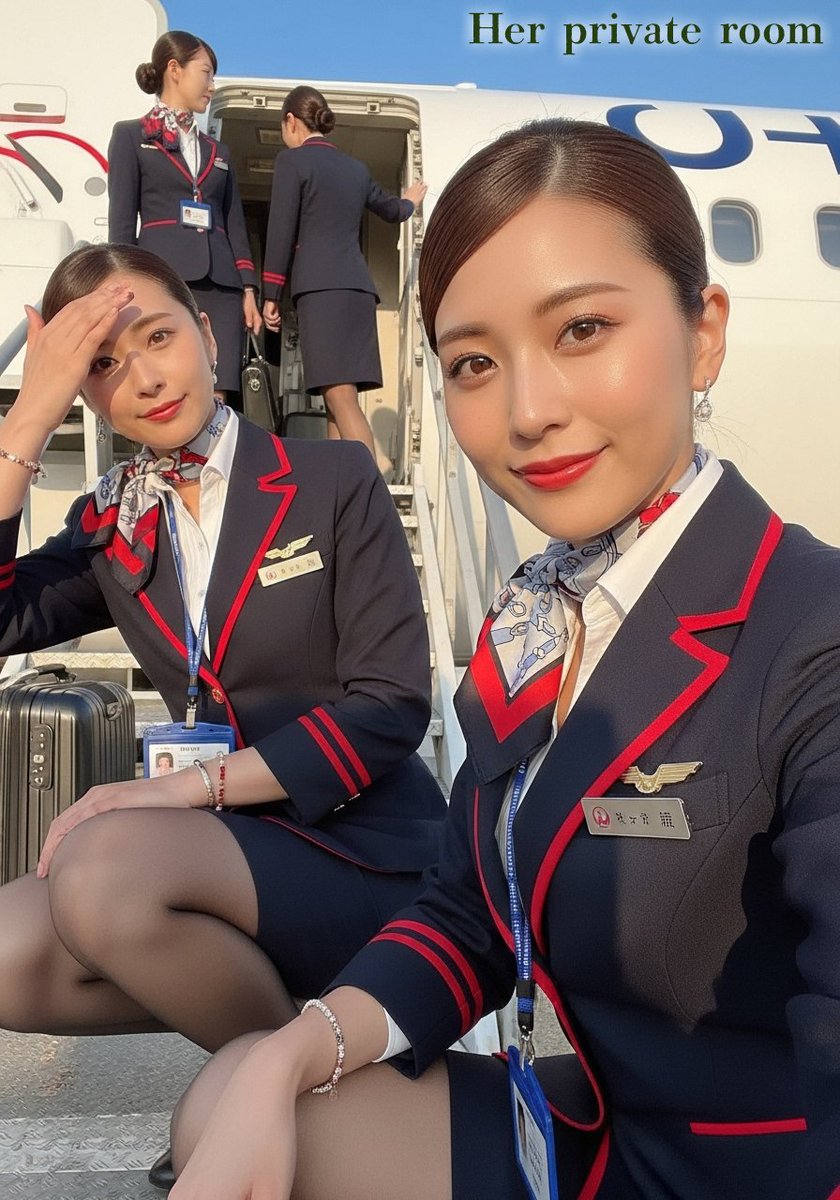 H_private_room's tweet image. 「これからフライトです。皆様が無事週末をお迎えできることを心より願っています💛We are about to take off and hope that you all have a safe weekend💛」#AI画像 #StableDiffusion #ImageFX #AIart #客室乗務員 #Cabinattendant