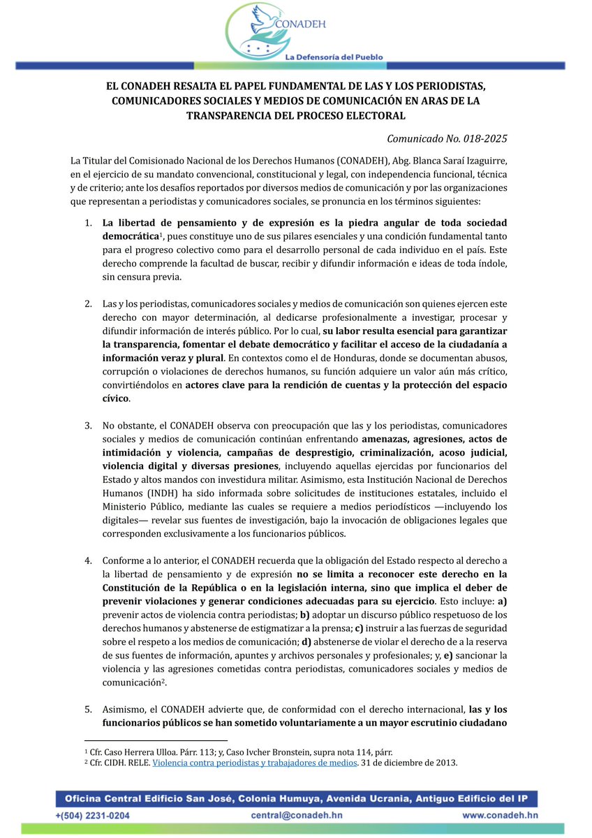AgendaVesp42778's tweet image. 📌🇭🇳 EL #CONADEH RESALTA EL PAPEL FUNDAMENTAL DE PERIODISTAS Y MEDIOS EN LA TRANSPARENCIA ELECTORAL 🗳️✨

El Comisionado Nacional de los Derechos Humanos destaca la labor esencial de las y los periodistas, comunicadores sociales y medios de comunicación como garantes de…