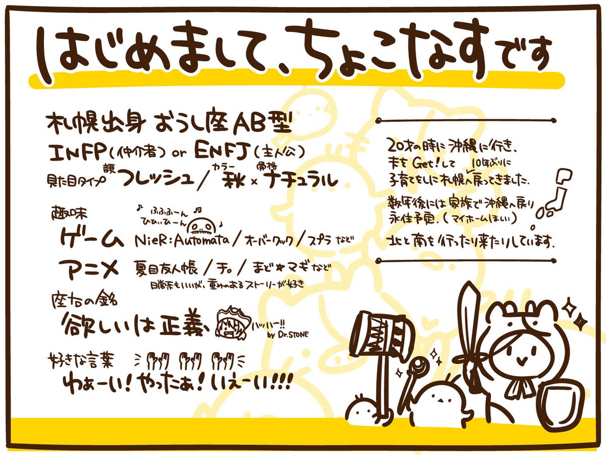 choconasu_'s tweet photo. そういえばXで自己紹介したことないな〜と思ったので取り急ぎカードを作ってきました！
みなさんとの共通項があれば、教えてくれると嬉しいです😊 #自己紹介カード #イラストレーター https://t.co/aJ7DP0owtr