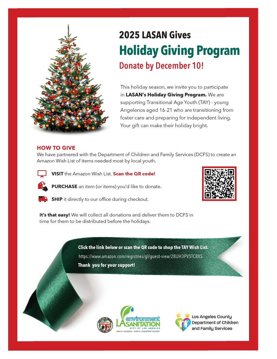 This holiday season, join @lacity in making a difference! 🎄✨

We are thrilled to launch the 2025 LASAN Gives Holiday Giving Program. This year, we are rallying together to support Transitional Age Youth (TAY) - young Angelenos aged 16-21 who are transitioning out of foster care