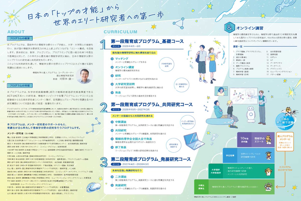 ✨情報科学の達人プログラム
2026年度受講生（7期生）募集！
対象：全国の中学2・3 年生、高校1・2 年生、高等専門学校1～ 4 年生、高校生相当の方
人数：40名程度
費用：受講費用は無料。プログラム実施場所（大学等）までの交通費については、一部補助する場合があります。