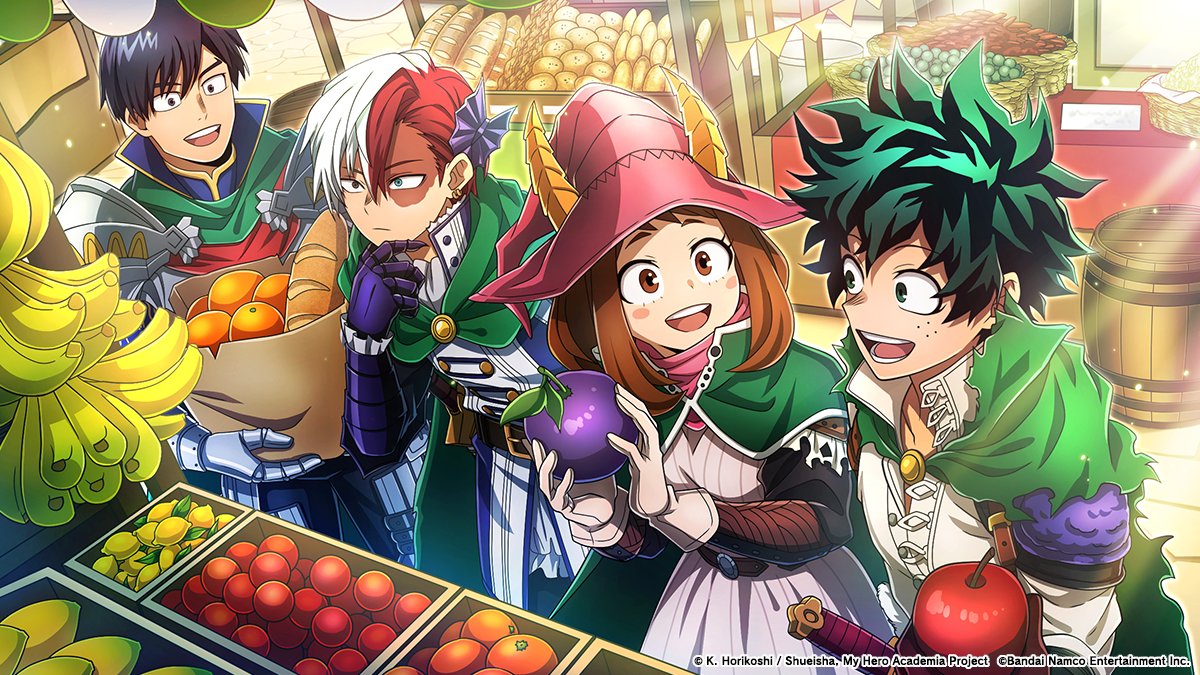 MyHeroUI's tweet image. Ruler of the Edge Hot Picks Recruit: Shoto Todoroki

＼Comeback／
UR [Errands at the Market]

Get a UR memory of Deku, Ochaco, Todoroki, &amp;amp; Iida in a medieval fantasy world happily strolling around a market surrounded by an array of goods! 

Until 11/30 23:59 JST (tent.)
#MHUI