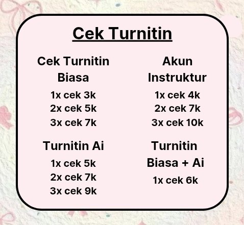 rainbowcheze's tweet image. Aku ready cek turnitin, no repository, bisa pilih filter sendiri, ready setiap hari, testi ada di postingan sematan. Fast respon bisa langsung chat ke wa wa.me//+6285860930104 #zonauang #zonaBU #zonajajan #jokitugas #wts